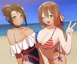 2girls absurd_res absurdres adult adult_female american_flag american_flag_bikini armpits bare_armpits bare_arms bare_ass bare_back bare_belly bare_butt bare_chest bare_hands bare_hips bare_legs bare_midriff bare_navel bare_shoulders bare_skin bare_thighs beach beijuu belly bikini bikini_bottom bikini_only bikini_top black_choker black_collar blue_bikini blue_bikini_bottom blue_bikini_top blue_hair_ribbon blue_ribbon blue_sky blue_string_bikini blue_swimsuit blue_swimwear blush blush blushing_female boobs_pressed breast_press breast_press_on_chest breasts breasts_press breasts_pressed_against_another breasts_pressed_against_partner breasts_pressed_together brown-skinned_female brown_eyebrows brown_hair brown_hair_female brown_skin brown_skinned_female busty busty_female choker cleavage coast collar collarbone dark-skin dark-skinned_female dark_skin dark_skinned dark_skinned_female day daylight daytime dot_nose elbows eyebrows_visible_through_hair female female_focus female_only fingernails fingers girls'_frontline green_eyes green_eyes_female grin hair_between_eyes hair_bun hair_ribbon high_resolution highres horizon juz large_breasts lean_body lean_figure lee-enfield_(girls'_frontline) light-skined_female light-skinned light-skinned_female light_skin light_skin_female light_skinned light_skinned_female lips long_hair looking_at_viewer mature mature_female multiple_females multiple_girls ocean one_eye_closed one_eye_open open_mouth open_mouth_smile outdoor outdoors outside parted_bangs parted_lips peace_sign pressing_breast_on_partner pressing_breasts pressing_breasts_together red_bikini red_bikini_bottom red_bikini_top red_hair_ribbon red_ribbon red_string_bikini red_swimsuit red_swimwear ribbon sand sea seaside short_hair shoulders side-tie_bikini sideboob sidelocks sky slender_body slender_waist slim_girl slim_waist smile smiley_face smiling smiling_at_viewer smirk springfield_(girls'_frontline) standing string_bikini swimsuit swimwear thighs thin_waist tongue uk_flag uk_flag_bikini upper_body upper_teeth us_flag v white_bikini white_bikini_bottom white_bikini_top white_hair_ribbon white_ribbon white_string_bikini white_swimsuit white_swimwear wink winking winking_at_viewer winking_eye