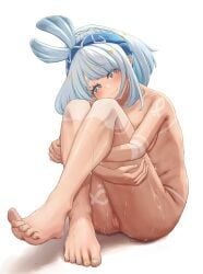 :3 barefoot blue_eyes blue_hair blue_hairband blue_nails blue_pupils blush breasts censored closed_mouth commentary completely_nude dark-skinned_female dark_skin feet female genshin_impact hairband head_tilt highres hugging_own_legs legs looking_at_viewer medium_breasts mosaic_censoring mualani_(genshin_impact) multicolored_nails nail_polish nude orange_eyes purufa pussy sidelocks solo toenail_polish toenails toes two-tone_eyes wet yellow_nails