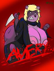 absurd_res angry annoyed anthro areola areola_outline ass avery_(m4n) bear bent_over big_areola big_breasts big_butt big_nipples blonde_hair blood blood_splatter bodily_fluids breasts cleavage cloak cloak_only clothed clothing female glare glaring_at_viewer grimace hair halloween hi_res holidays knife leaning leaning_forward legwear looking_at_viewer m4n mammal nipple_outline nipple_slip nipples robe robe_only solo stockings thick_thighs thigh_highs torn_cloak torn_clothing torn_legwear torn_robe torn_stockings torn_thigh_highs