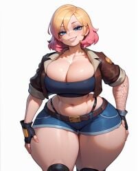 1girls ai_generated blue_eyes cleavage clothed clothing female female_only fingerless_gloves fortnite fortnite:_battle_royale gloves looking_at_viewer navel penny_(fortnite) rocksolidart solo solo_female tattoo tattooed_arm thick_thighs two_tone_hair white_background wide_hips