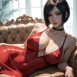 1:1 ada_wong ai_generated black_hair brown_hair choker eogard_orc huge_breasts laying_on_couch looking_at_viewer red_dress resident_evil self_upload stable_diffusion tight_clothing