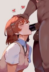 1boy 1girls ai_generated blowjob brown_hair closed_eyes condom dark-skinned_male enjoying fellatio hair_ornament head_grab interracial misaka_mikoto oral school_uniform small_breasts spoken_heart to_aru_kagaku_no_railgun to_aru_majutsu_no_index tokiwadai_school_uniform veiny_penis