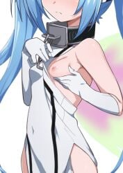 blue_hair breast_focus breasts chains collar dress elbow_gloves female female_focus gloves highres long_hair morisobo nipples nymph_(sora_no_otoshimono) one_breast_out simple_background small_breasts solo sora_no_otoshimono twintails very_long_hair white_background white_dress white_gloves wings