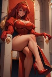 ai_generated armwear breasts cleavage crossed_legs diadem dress female heels highres large_ass large_breasts large_thighs looking_at_viewer on_throne qwertart red_heels rias_gremory royal shiny skin smile solo tagme throne wet