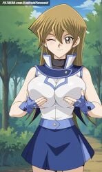 ai_generated aindroidparanoid alexis_rhodes ass asuka_tenjoin big_ass big_breasts blonde_hair breasts busty curvy cute duel_monster fat_ass female female_only forest gold_eyes grabbing_breasts grabbing_own_breast hips huge_breasts large_breasts long_hair narrow_waist outdoors school_uniform schoolgirl shirt skirt slim_waist squeezing squeezing_breast stable_diffusion straight_hair tenjouin_asuka voluptuous waist wide_hips yellow_eyes yu-gi-oh! yu-gi-oh!_gx