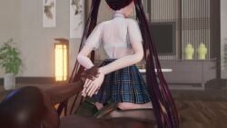 1boy 1girls 3d animated azur_lane big_breasts black_hair blowjob breasts cum cum_in_pussy cum_inside dark-skinned_male dark_skin erect_penis erection fellatio furniture indoors insect_love light-skinned_female light_skin looking_at_penis noshiro_(azur_lane) oni oni_female oni_horns penetration penis penis_awe room sakura_empire_(azur_lane) sex shirt skirt sound tagme transparent_clothing twintails vaginal_penetration video