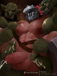 3boys bara belt bodily_fluids buff cum cum_drip cumshot erect_penis erection gay goblin goblin_male goblin_slayer goblin_slayer_(goblin_slayer) held_by_legs held_up helmet helmet_only holding_legs knight male/male male_only mask masked_male muscles muscular muscular_male penis saury standing standing_sex suspended