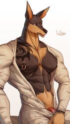 abs canid canine canis clothing digital_drawing_(artwork) digital_media_(artwork) dobermann domestic_dog dustookami fur genitals hi_res male mammal navel nipple_piercing nipple_ring nipples pecs penis piercing pinscher ring_piercing shirt simple_background solo topwear white_background