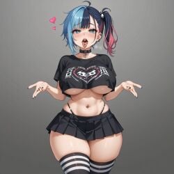 ai_generated big_ass big_breasts bimbo bimbo_body blue_hair child_bearing_hips crop_top emo goth miniskirt multicolored_hair nipple_bulge small_waist thong_above_skirt tongue tongue_out tongue_piercing underboob wide_hips