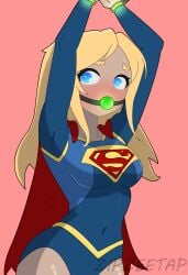 ball_gag blonde_hair blue_eyes bondage bound female female_only femsub fully_clothed gag simple_background supergirl superheroine tight_clothing zipzeetap