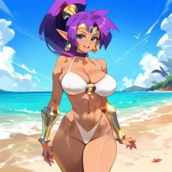 2d ai_generated beach bikini female_focus female_only long_hair outdoors ponytail purple_hair shantae shantae_(character) solo solo_female solo_focus tagme tan-skinned_female tan_body tan_skin white_bikini