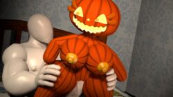 1boy 1girls 3d bed big_breasts breasts cute faceless_male female five_nights_at_freddy's five_nights_at_freddy's_4 halloween jack_o_pumpkin_(fnaf) looking_back male/female nude penis pumpkin_girl pumpkin_head sex source_filmmaker