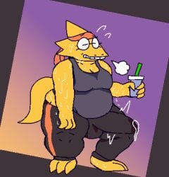 alphys anthro bodily_fluids breasts bulge cleavage clothed clothing container cup exhausted eyewear felineflustered genital_fluids glasses gynomorph intersex lizard low_res overweight overweight_gynomorph overweight_intersex precum precum_through_clothing reptile scalie solo sweat tail undertale_(series) wet wet_clothing