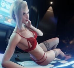 3d 3d_(artwork) artist_name blonde_hair bra elena_(final_fantasy) elenachatnoir final_fantasy final_fantasy_vii final_fantasy_vii_rebirth final_fantasy_vii_remake fit_female highres instagram_username lace-trimmed_bra lace-trimmed_stockings lace-trimmed_thighhighs laying_on_desk laying_on_table lingerie long_hair office panties posing red_bra red_lingerie red_panties seductive seductive_look short_hair small_breasts stockings toned tumblr_username twitter_username young_female younger_female