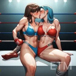 2girl ai ai_generated anime bikini blue boxing_gloves boxing_ring catfight cum fight fighting_ring hentai kissing lgbt_pride love red scissoring sex sexy tribadism yuri