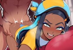 1boy 1boy1girl ai_generated alternate_costume ass ass_grab casual dark-skinned_female dark_skin female hat mullon muscular_male nessa_(pokemon) novelai pleasure_face pokemon pokemon_ss sex straight