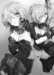 1boy bar_censor blush breastplate breasts censored collar cum ejaculation fate/grand_order fate_(series) fellatio female greaves greyscale hair_over_one_eye large_breasts mash_kyrielight metal_collar monochrome multiple_views oral ortenaus pauldrons penis pussy short_hair spread_legs squatting straight yang-do