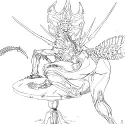 20th_century_fox 20th_century_studios alien alien_(franchise) bodily_fluids exoskeleton female furniture genital_fluids hi_res leaning leaning_forward monochrome on_table rear_view sharp_tail solo srutisss standing table tail vaginal_fluids xenomorph xenomorph_queen