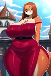 ai_generated alternate_breast_size alternate_costume alternative_costume anthro brown_hair canine chubby cleavage dress female female_focus furry furry_focus furry_only gigantic_breasts glasses majorfluffy necklace novelai red_dress straight_hair suki_lane thick_thighs wide_hips