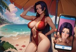 ai_generated armpits beach bikini blowjob boa_hancock cum curvy earrings excessive_cum female highres large large_ass large_breasts male on_beach one_piece phone_screen qwertart screencap smile tagme thighs