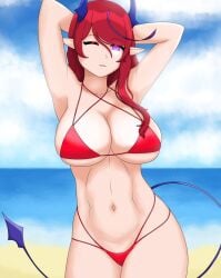 1girls 2d 2d_(artwork) ale_131 alternate_costume arms_behind_head beach belly belly_button big_breasts bra clouds day female female_focus female_only front_view hoku_roboto horns latam_virtual_youtuber light-skinned_female light_skin long_hair looking_at_viewer looking_back mature mature_female milf multi-strapped_bikini navel ocean outdoors pointy_ears purple_eyes red_bikini red_bikini_bottom red_bikini_top red_bra red_hair red_swimsuit red_thong revealing_swimsuit sand sky slim_girl solo solo_female solo_focus standing succubus succubus_horns succubus_tail summer thong thong_bikini virtual_youtuber voluptuous voluptuous_female vtuber vtuberfanart water