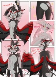 angel_dust_(hazbin_hotel) ass bite bite_mark bite_mark_on_ass blush cat_ears cat_tail femboy hand_on_hip hazbin_hotel heart heart_symbol husk_(hazbin_hotel) looking_back no_humans non-human non-human_only nude panel vmypevch waking_up white_body white_fur wings