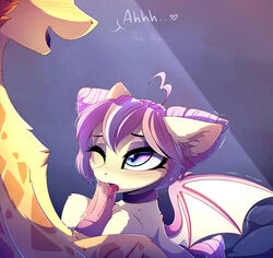 2018 bat_pony bat_wings blue_eyes blush chest_tuft choker cute cute_fangs dialogue duo equine erection eyebrows eyelashes eyeshadow fan_character fangs female feral feral_on_feral floppy_ears fur giraffe gradient_eyes hair heart highres hooves inner_ear_fluff interspecies larger_male licking magnaluna makeup male mammal mascara membranous_wings moan multicolored_hair my_little_pony nude one_eye_closed open_mouth open_smile oral penis penis_grab penis_lick pink_hair saliva sex shaking short_hair simple_background sitting size_difference slit_pupils smile straight sunset_sorbet text tongue tongue_out tuft two_tone_hair wings