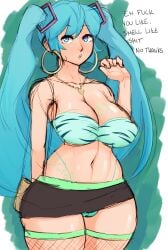 1girls big_breasts bimbo bimbofication blue_eyes blue_hair cameltoe color dialogue earrings edit english_text hatsune_miku heart_lock heart_locket looking_at_viewer miniskirt solo stockings talking_to_viewer thick_thighs twintails unknown_artist vocaloid