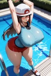 adult_female ai_generated big_breasts big_butt female hat leaf leaf_(pokemon) pokemon pose round_ass sexy skirt sleeveless_shirt stretching swimming_pool thick_thighs ul7990