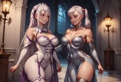 2girls ai_generated armwear bare_thighs black_clover choker collarbone emilia_(re:zero) eye_contact highres hourglass_figure large_breasts legwear looking_at_each_other mansion narrow_waist noelle_silva qwertart re:zero_kara_hajimeru_isekai_seikatsu sexy silver_dress smile tagme teeth white_dress