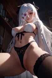 ai_generated black_panties breasts drag-on_dragoon_3 drakengard_3 female flower flower_in_eye long_hair looking_at_viewer pink_eyes ribbon spread_legs thick_thighs thighs underwear white_bra white_hair zero_(drag-on_dragoon) zero_(drakengard)