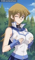 ai_generated aindroidparanoid alexis_rhodes ass asuka_tenjoin big_ass big_breasts blonde_hair breasts busty curvy cute duel_monster fat_ass female female_only forest gold_eyes grabbing_breasts grabbing_own_breast hips huge_breasts large_breasts long_hair narrow_waist outdoors school_uniform schoolgirl shirt skirt slim_waist squeezing squeezing_breast stable_diffusion straight_hair tenjouin_asuka voluptuous waist wide_hips yellow_eyes yu-gi-oh! yu-gi-oh!_gx