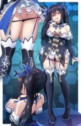 1girls ass back bare_shoulders big_breasts black_hair black_legwear black_panties blue_background boots breasts cleavage close-up clothed deity dress female_only garter_belt garter_straps gloves goddess large_breasts long_hair looking_at_viewer multiple_views neptunia_(series) noire oekakizuki open_mouth panties pink_eyes purple_eyes red_eyes ribbon sideboob skirt smile standing stockings table thighhighs tsundere twintails white_border