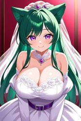 1girls ai_generated big_breasts big_eyes cat_ears cat_tail catgirl cattle cleavage cute emerald_(flanofart) flanofart green_hair large_breasts purple_eyes smiling solo solo_focus tagme wedding wedding_dress