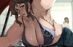 2girls armpits breasts brown_hair car car_hood cleavage dark-skinned_female female horny_grip light-skinned_female looking_at_another looking_at_viewer mechanic muscular original pants ponytail puzzled_artist sweat