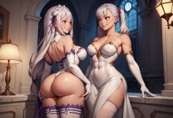 2girls abs ai_generated armwear bare_thighs black_clover choker collarbone emilia_(re:zero) eye_contact highleg_leotard highres hourglass_figure large_breasts legwear looking_at_each_other mansion narrow_waist noelle_silva qwertart re:zero_kara_hajimeru_isekai_seikatsu sexy smile tagme teeth white_dress