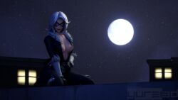 3d black_cat_(fortnite) black_cat_(marvel) breasts choker felicia_hardy female female_only flashing_breasts fortnite looking_at_viewer marvel marvel_comics mask masked masked_female moonlight mostly_clothed mostly_clothed_female night rooftop sitting solo solo_female spider-man_(series) unzipped_jumpsuit yurei3d