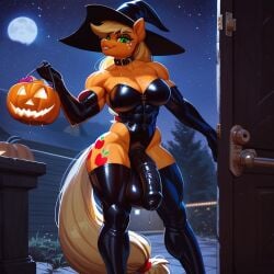 ai_generated anthro applejack_(mlp) futanari halloween latex muscular my_little_pony penis pony thighhighs trick_or_treat witch_costume witch_hat