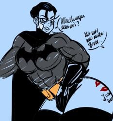 1boy alfred_pennyworth batman batman_(bruce_wayne) batman_(series) big_ass big_butt dc_comics dialogue jah_(artist) kiss_mark leotard lipstick_marks long_eyelashes male male_only speech_bubble unmasked wide_hips writing_on_ass