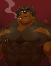 2023 bara brown_body canine chest_tuft cigarette furry gay muscular nipple_piercing takemoto_arashi unknown_source