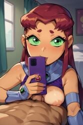 ai_generated bare_shoulders blush breasts cellphone dark-skinned_male dark_skin female green_eyes large_breasts long_hair nipples penis phone pov pubic_hair shirt_lift sleeveless smartphone starfire straight