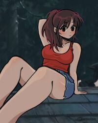 1girls arm_behind_head black_eyes blush brown_hair female hair_band hairband hand_behind_head hand_on_floor jean_shorts kiki's_delivery_service long_legs looking_at_viewer megrocks ponytail red_hairband red_shirt short_hair shorts sitting sitting_down sitting_on_floor sitting_on_roof thighs ursula_(kiki's_delivery_service)