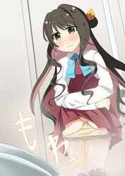 blue_neckwear blush brown_hair closed_mouth dress dress_lift embarrassed eyebrows_visible_through_hair female female green_eyes grey_legwear hair_bun hair_ornament hair_ribbon indoors jacket japanese_text kantai_collection legs_together lifted_by_self long_hair long_sleeves minamimachi_naname multicolored_hair naganami_(kantai_collection) panties panty_pull pantyhose peed_self pink_hair red_dress ribbon shiny shiny_hair solo stained_panties standing steam tears tied_hair toilet toilet_stall translation_request two-tone_hair underwear wet wet_clothes white_jacket white_panties yellow_ribbon