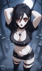 ai_generated black_hair black_lipstick black_metal cemetery chained_up chains choker facepaint goth graveyard heavy_metal makeup makeup_running painted_nails red_eyes satanic