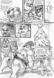 2015 4_toes 5_fingers amnesia anthro balls bear belly biceps bulge canine chocofox_colin christmas christmas_tree clothed clothing comic dialogue english_text erection father father_and_son fox greyscale group hat hat_only holidays humanoid_penis male male_only mammal markwulfgar memory_erase mittens monochrome mostly_nude muscular muscular_male nipples overweight overweight_male parent pecs penis rackun_(character) ribbons santa_hat sitting son speech_bubble sweat sweater text toes tree uncut wolf