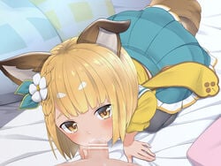 1boy all_fours animal_ears bangs bar_censor bed_sheet black_legwear blonde_hair blue_skirt blush braid censored chaostein commentary_request dog_ears dog_tail erune eyes_visible_through_hair fellatio female flower granblue_fantasy hair_flower hair_ornament looking_at_viewer on_bed open_mouth oral pantyhose penis pink_pillow pleated_skirt sailor_collar shirt short_hair skirt solo_focus straight tail vajra_(granblue_fantasy) white_flower white_sailor_collar yellow_eyes yellow_shirt