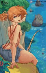 1girls exposed_breasts female female_only fishing_rod human jean_shorts kasumi_(pokemon) pokemon solo suspenders