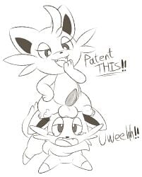 anthro balls balls_on_face cattiva crossover duo english_text erection feral generation_5_pokemon genitals hi_res humor male male/male mincheeto nintendo pal_(species) palworld penis pocketpair pokemon pokemon_(species) tapering_penis text zorua