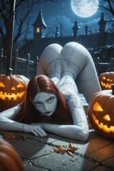 1girls ai_generated ass badaicreations completely_nude_female doll_girl female_only head_down_ass_up jack-o'-lantern lipstick looking_at_viewer moon night_sky red_hair sally_(the_nightmare_before_christmas) solo_female stitch_(sewing) the_nightmare_before_christmas