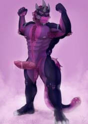 2_penises absurd_res animal_genitalia anthro barazoku cloaca diphallia diphallism dragon elios genitals hi_res lewd_catto male multi_genitalia multi_penis muscular muscular_male mythological_creature mythological_scalie mythology penis purple_body scalie solo